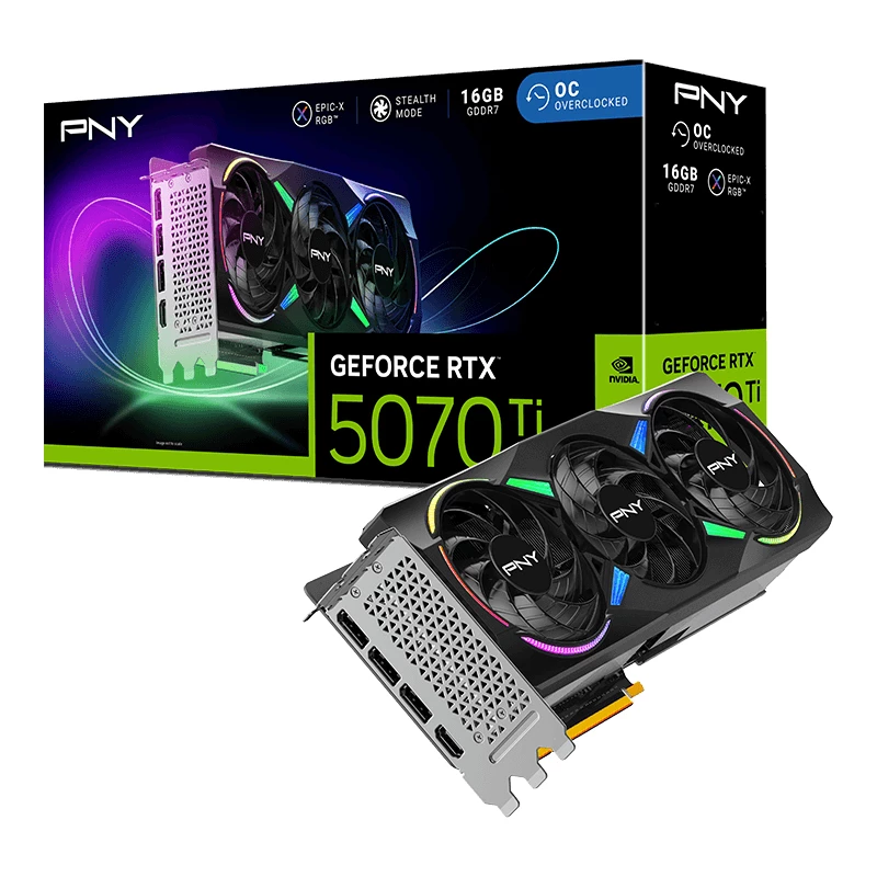 PNY GeForce RTX 5070 Ti 16 GB ARGB Overclocked Triple Fan – 16 GB GDDR7 – DisplayPort 2.1b / HDMI 2.1b
