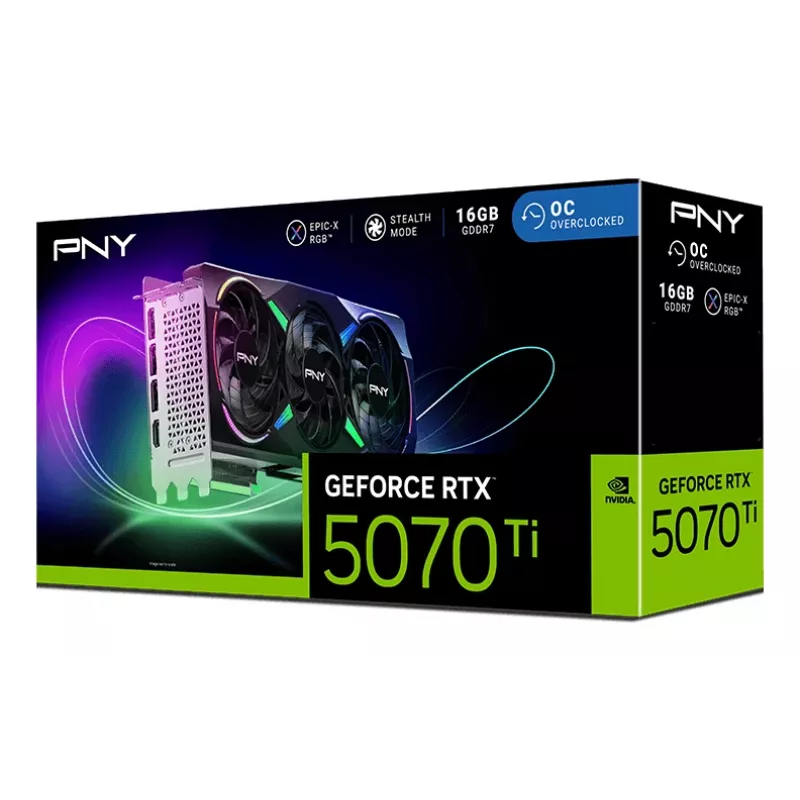 PNY GeForce RTX 5070 Ti 16 GB ARGB Overclocked Triple Fan – 16 GB GDDR7 – DisplayPort 2.1b / HDMI 2.1b