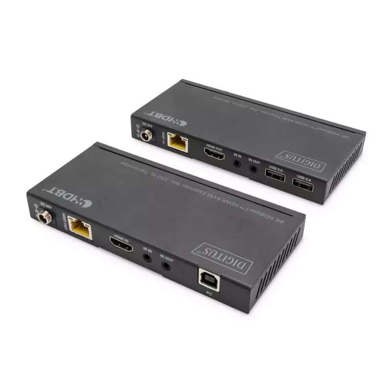 DIGITUS HDBaseT KVM prailgintuvų rinkinys. 150 m 4K/60 Hz. USB 2.0. PoC. IR. juoda