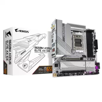 GIGABYTE B650M AORUS ELITE AX ICE pagrindinė plokštė – AMD Ryzen 9000 serijos procesoriams, 12+2+2 fazių VRM, iki 8000MHz DDR5 (OC), 1xPCIe 5.0 + 1xPCIe 4.0 M.2, 2.5GbE LAN, WIFI 6E, USB 3.2 Gen 2x2