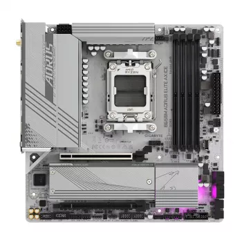 GIGABYTE B650M AORUS ELITE AX ICE pagrindinė plokštė – AMD Ryzen 9000 serijos procesoriams, 12+2+2 fazių VRM, iki 8000MHz DDR5 (OC), 1xPCIe 5.0 + 1xPCIe 4.0 M.2, 2.5GbE LAN, WIFI 6E, USB 3.2 Gen 2x2