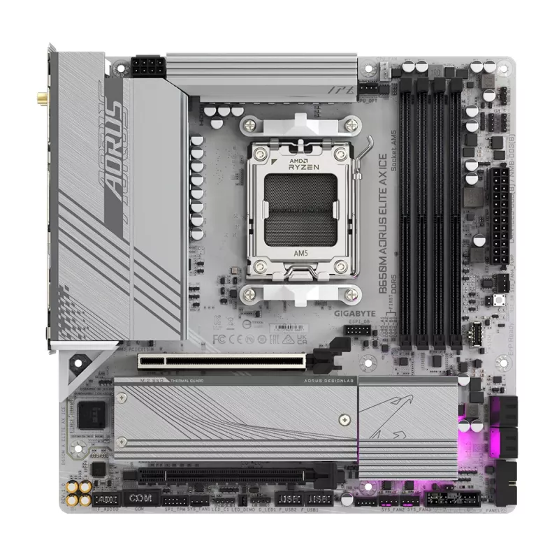 GIGABYTE B650M AORUS ELITE AX ICE pagrindinė plokštė – AMD Ryzen 9000 serijos procesoriams, 12+2+2 fazių VRM, iki 8000MHz DDR5 (OC), 1xPCIe 5.0 + 1xPCIe 4.0 M.2, 2.5GbE LAN, WIFI 6E, USB 3.2 Gen 2x2