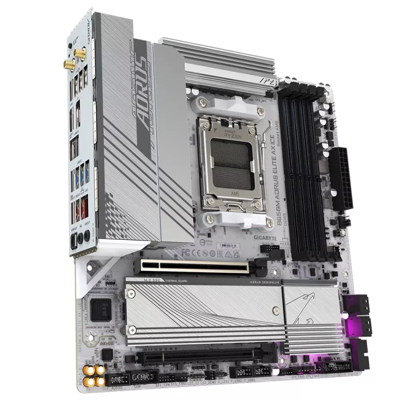 GIGABYTE B650M AORUS ELITE AX ICE pagrindinė plokštė – AMD Ryzen 9000 serijos procesoriams, 12+2+2 fazių VRM, iki 8000MHz DDR5 (OC), 1xPCIe 5.0 + 1xPCIe 4.0 M.2, 2.5GbE LAN, WIFI 6E, USB 3.2 Gen 2x2