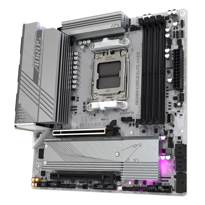 GIGABYTE B650M AORUS ELITE AX ICE pagrindinė plokštė – AMD Ryzen 9000 serijos procesoriams, 12+2+2 fazių VRM, iki 8000MHz DDR5 (OC), 1xPCIe 5.0 + 1xPCIe 4.0 M.2, 2.5GbE LAN, WIFI 6E, USB 3.2 Gen 2x2