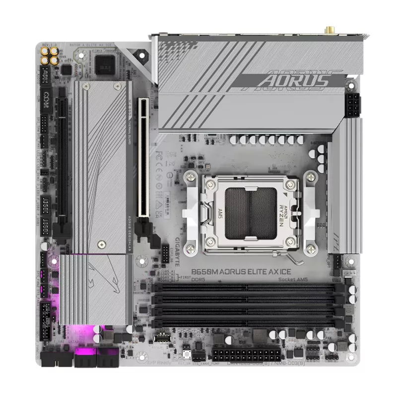 GIGABYTE B650M AORUS ELITE AX ICE pagrindinė plokštė – AMD Ryzen 9000 serijos procesoriams, 12+2+2 fazių VRM, iki 8000MHz DDR5 (OC), 1xPCIe 5.0 + 1xPCIe 4.0 M.2, 2.5GbE LAN, WIFI 6E, USB 3.2 Gen 2x2
