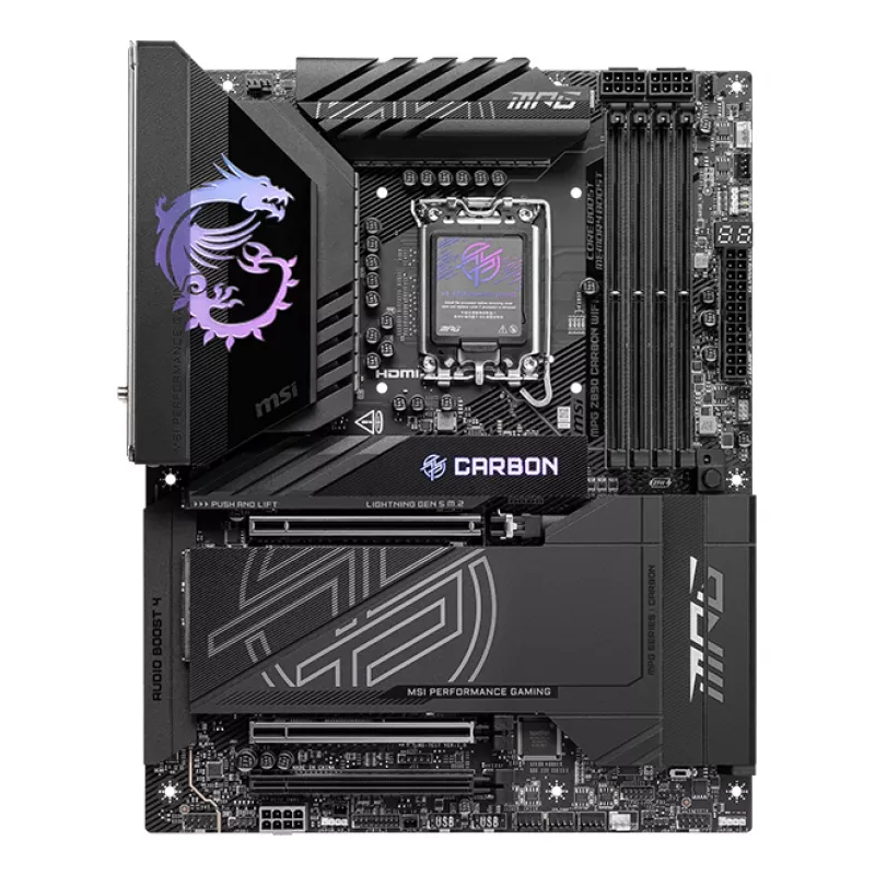 Motininė plokštė MSI MPG Z890 CARBON WIFI ATX — Intel LGA1851, Z890, DDR5, 4x DIMM, 5x M.2, Wi‑Fi 7, 2.5Gb LAN