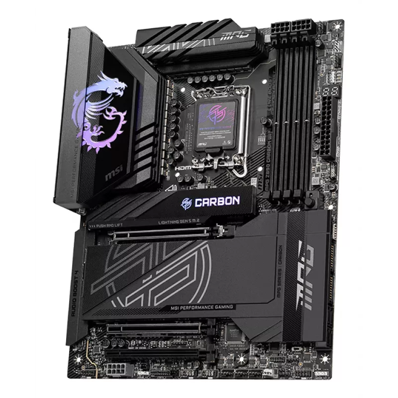 Motininė plokštė MSI MPG Z890 CARBON WIFI ATX — Intel LGA1851, Z890, DDR5, 4x DIMM, 5x M.2, Wi‑Fi 7, 2.5Gb LAN