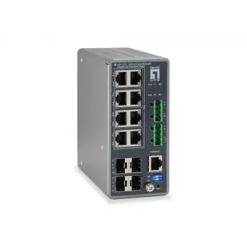 LevelOne IGP-1271 12 prievadų L3 Lite valdomas gigabitinis pramoninis jungiklis, 8 PoE išėjimai, 240W, 802.3at/af PoE, 4 x SFP, -40°C iki 75°C