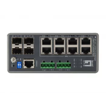 LevelOne IGP-1271 12 prievadų L3 Lite valdomas gigabitinis pramoninis jungiklis, 8 PoE išėjimai, 240W, 802.3at/af PoE, 4 x SFP, -40°C iki 75°C