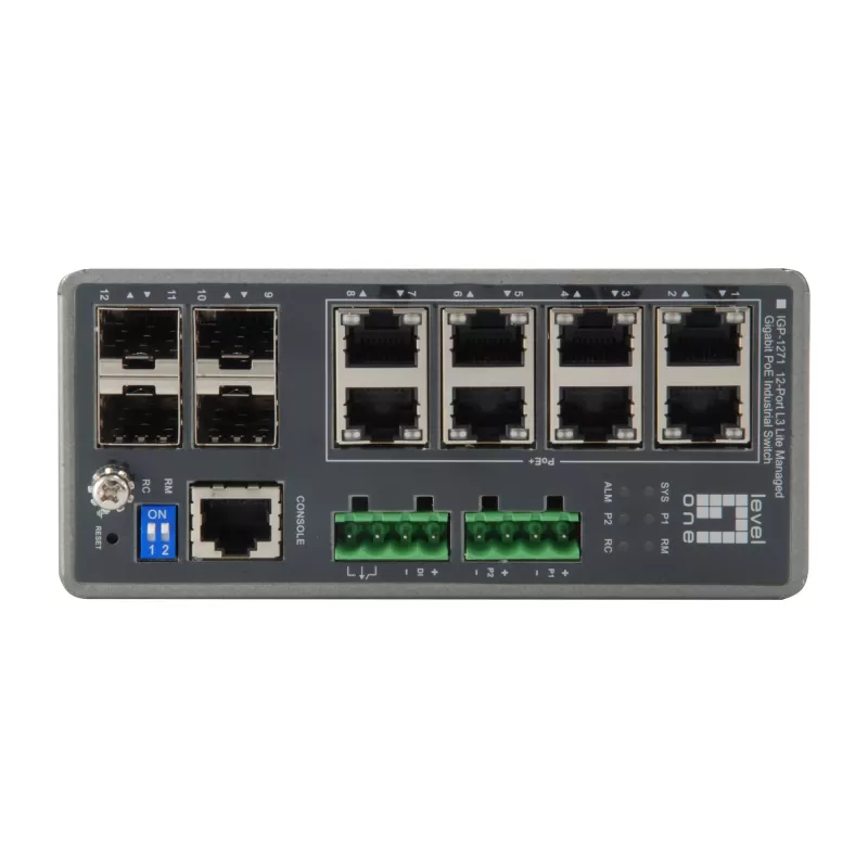 LevelOne IGP-1271 12 prievadų L3 Lite valdomas gigabitinis pramoninis jungiklis, 8 PoE išėjimai, 240W, 802.3at/af PoE, 4 x SFP, -40°C iki 75°C