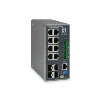 LevelOne TURING 12-Port L3 Lite valdomas pramoninis gigabitinis jungiklis, 4 x SFP, DIN bėgelis, -40°C iki 75°C
