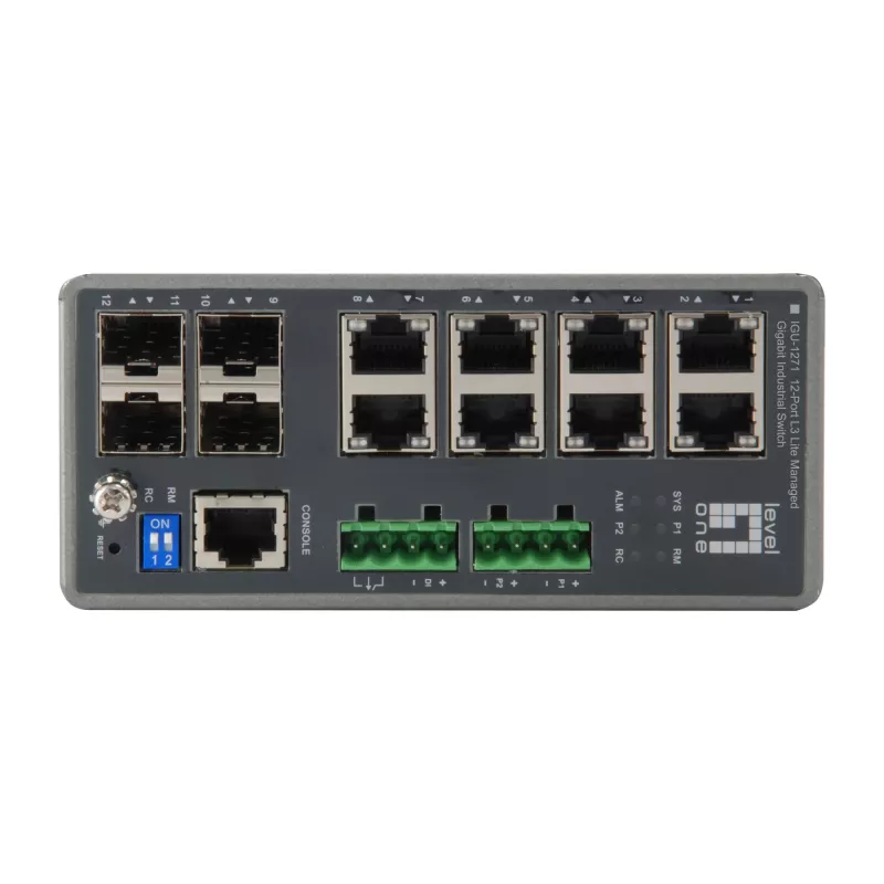 LevelOne IGU-1271 TURING pramoninis L3 Lite valdomas Gigabit komutatorius, 12 prievadų (8 x RJ45, 4 x SFP), DIN bėgelis, DC