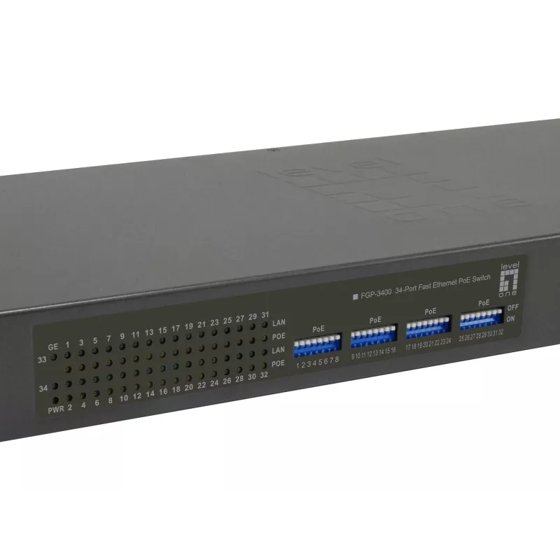 LevelOne 34 prievadų Fast Ethernet PoE komutatorius, 802.3at/af PoE, 32 PoE išėjimai, 2 x Gigabit RJ45, 250 W