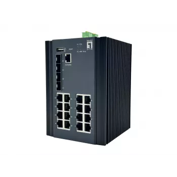 LevelOne IGU-2071 20 prievadų L2+ valdomas pramoninis gigabitinis tinklo jungiklis, 16x 1GbE RJ45, 4x 1/2.5GbE SFP, DIN bėgelis, -40°C iki 80°C
