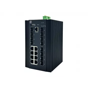 LevelOne 20-Port L2 Plus valdomas pramoninis jungiklis, 8 x 1GbE RJ45, 8 x 1GbE SFP, 4 x 1/2.5GbE SFP, DIN bėgis, -40°C iki 80°C