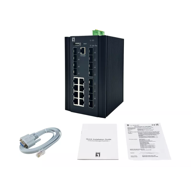 LevelOne 20-Port L2 Plus valdomas pramoninis jungiklis, 8 x 1GbE RJ45, 8 x 1GbE SFP, 4 x 1/2.5GbE SFP, DIN bėgis, -40°C iki 80°C