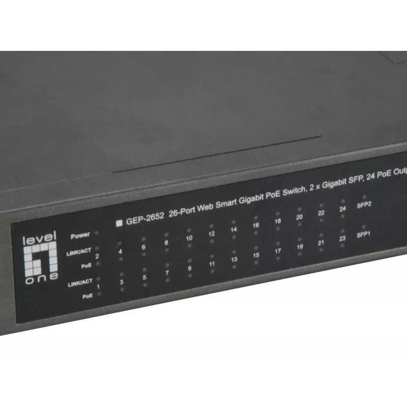 Valdomas L2 Gigabit Ethernet PoE komutatorius LevelOne GEP-2652, 24x PoE + 2x SFP, pilka