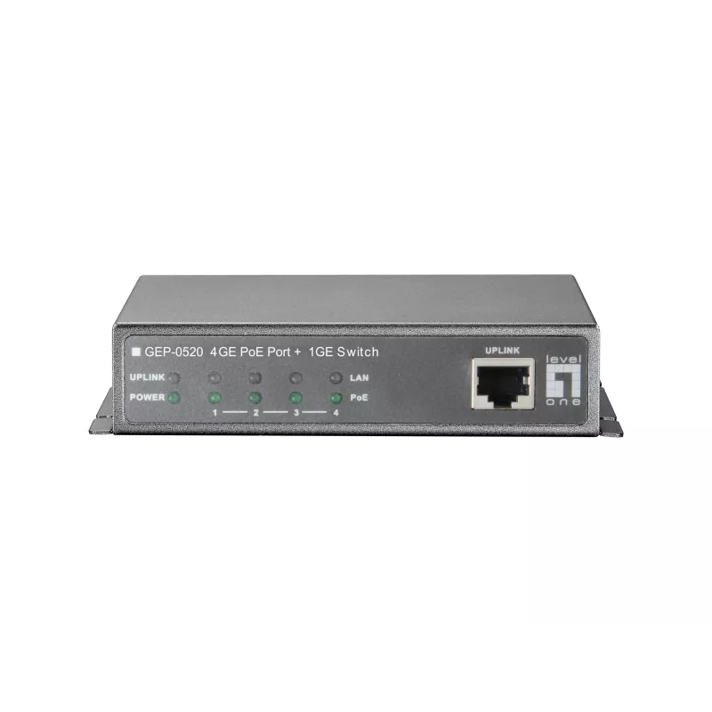 LevelOne GEP-0520 5-Portų Gigabit PoE komutatorius, 61.6 W, 802.3af PoE, 4 PoE išėjimai, su maitinimo adapteriu