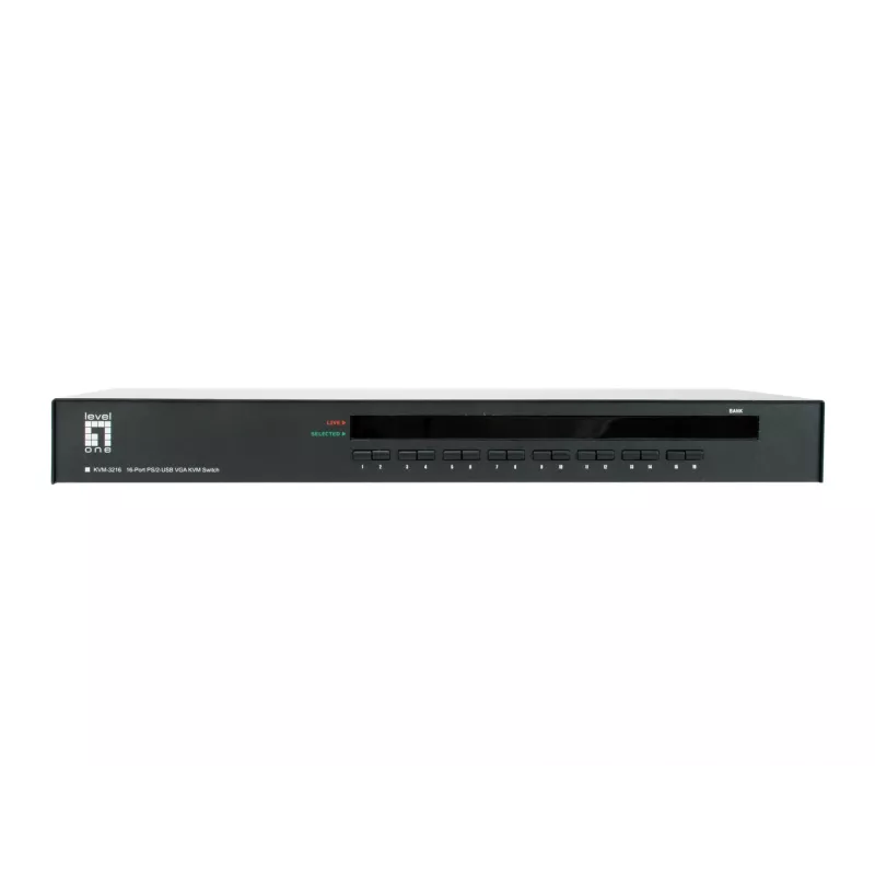 LevelOne 16 prievadų PS/2-USB VGA KVM jungiklis, 2048 x 1536 pikseliai, montavimas į stovą, 1U, juoda