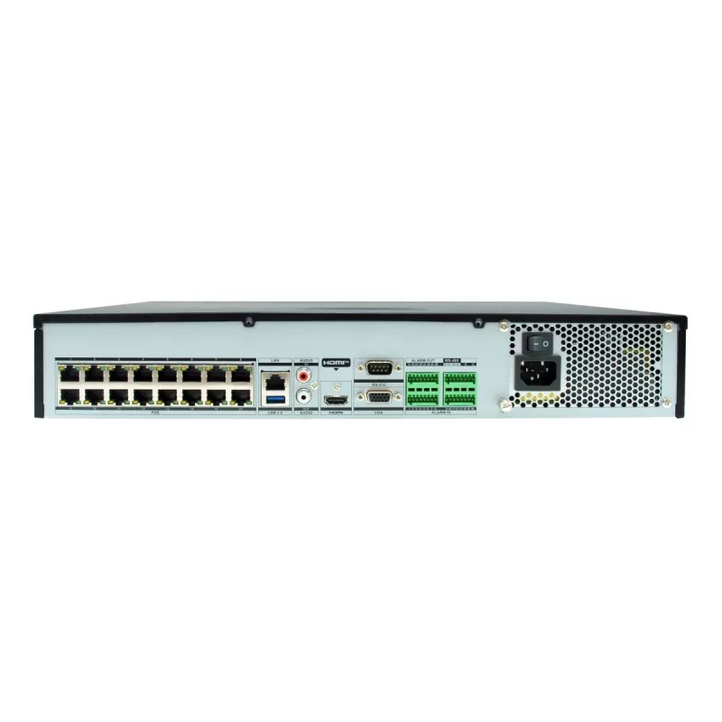 LevelOne NVR-0411 GEMINI 32 kanalų tinklinis vaizdo įrašymo įrenginys, 16 PoE jungčių (16 W/jungtis), 4096 x 2160, H.265, 4x SATA HDD iki 10 TB, juodas/pilkas
