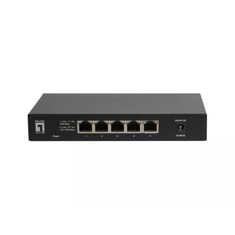 5 prievadų nevaldomas 2,5G Ethernet komutatorius LEVELONE GEU-0525 — 5× 2,5G RJ-45, 25 Gbit/s perjungimas, montuojamas ant sienos