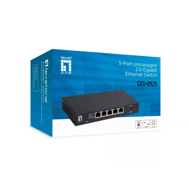 5 prievadų nevaldomas 2,5G Ethernet komutatorius LEVELONE GEU-0525 — 5× 2,5G RJ-45, 25 Gbit/s perjungimas, montuojamas ant sienos
