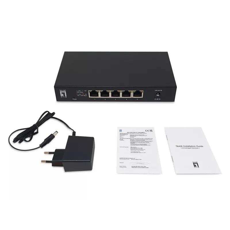 5 prievadų nevaldomas 2,5G Ethernet komutatorius LEVELONE GEU-0525 — 5× 2,5G RJ-45, 25 Gbit/s perjungimas, montuojamas ant sienos