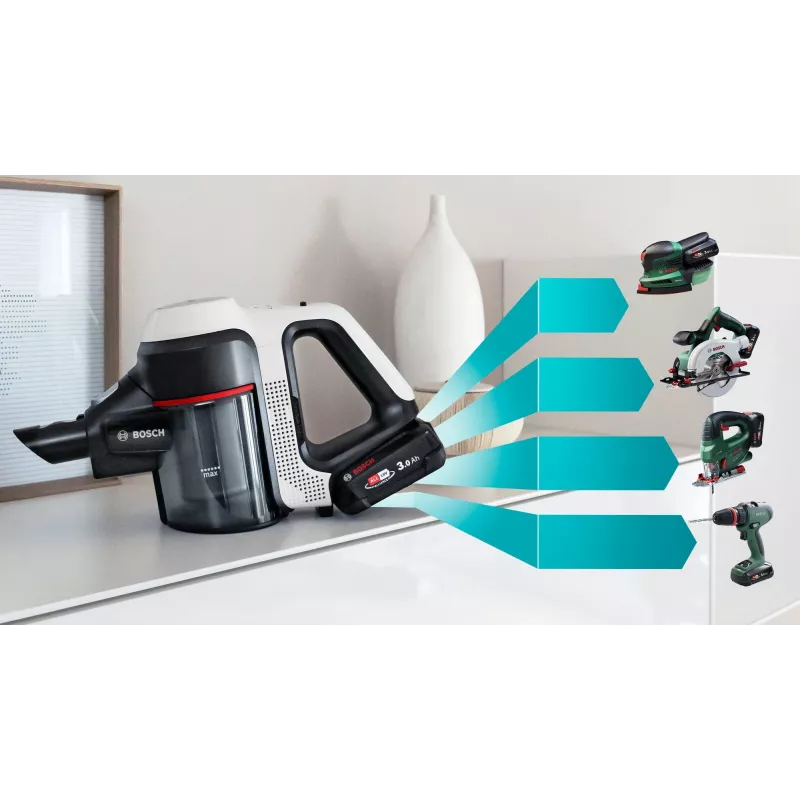 Bosch BSS711W belaidis šluotinis dulkių siurblys, akumuliatorinis, be maišelio, 0,3 l, juodos, sidabrinės, baltos spalvos