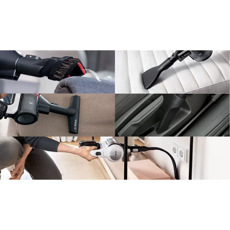 Bosch BSS711W belaidis šluotinis dulkių siurblys, akumuliatorinis, be maišelio, 0,3 l, juodos, sidabrinės, baltos spalvos