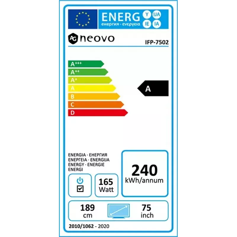 AG Neovo IFP-7502 interaktyvus plokščiasis ekranas 189,2 cm (74,5 colio) LCD Wi-Fi 350 cd/m² 4K Ultra HD juodas liečiamasis ekranas su integruotu procesoriumi Android 8.0