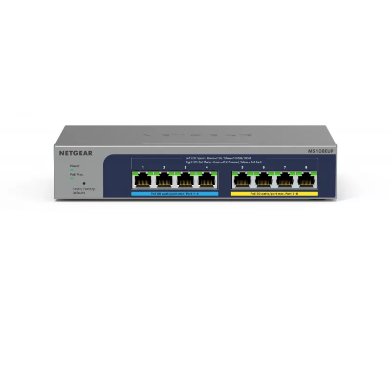 NETGEAR 8 prievadų Ultra60 PoE++ kelių gigabitų (2,5G) Ethernet Plus valdomas jungiklis L2/L3 2,5G Ethernet (100/1000/2500) Power over Ethernet (PoE) pilkas