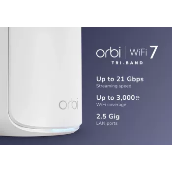NETGEAR Orbi 870 papildomas palydovas, trijų juostų (2,4 GHz / 5 GHz / 6 GHz), Wi-Fi 7 (802.11be), balta, 4 vidinės antenos