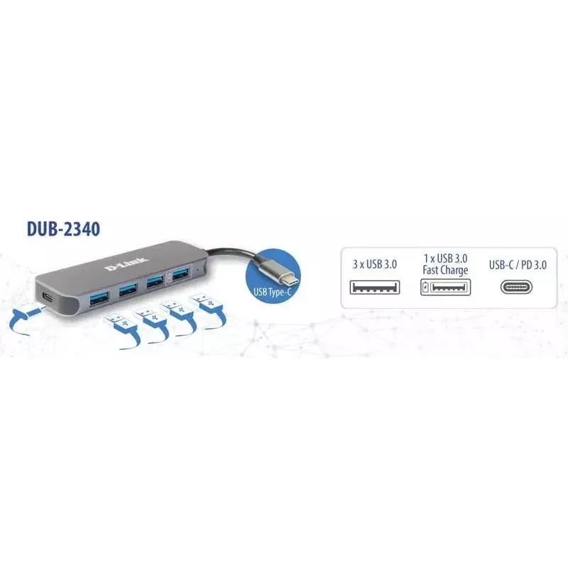 USB HUB D-Link DUB-2340 USB-C 4 prievadų USB 3.0 Power Delivery 60W