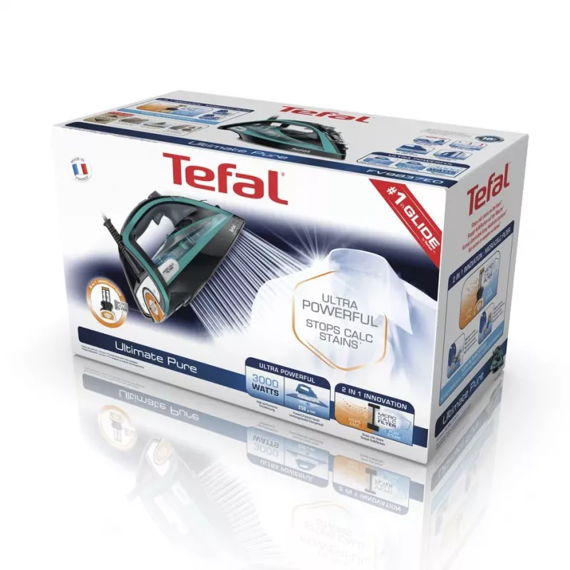 Tefal Ultimate Pure FV9844 sausas ir garinis lygintuvas, Durilium Autoclean padas, 3200 W, juoda, mėlyna