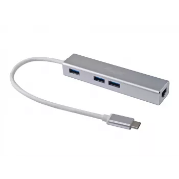 Equip USB-C į 3 prievadų USB 3.0 šakotuvas su Gigabit adapteriu, USB 3.2 Gen 1 Type-C, sidabrinis, aliuminis