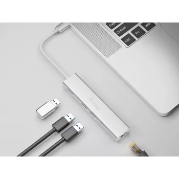 Equip USB-C į 3 prievadų USB 3.0 šakotuvas su Gigabit adapteriu, USB 3.2 Gen 1 Type-C, sidabrinis, aliuminis