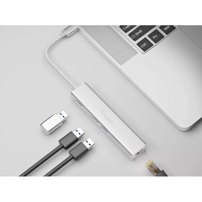 Equip USB-C į 3 prievadų USB 3.0 šakotuvas su Gigabit adapteriu, USB 3.2 Gen 1 Type-C, sidabrinis, aliuminis