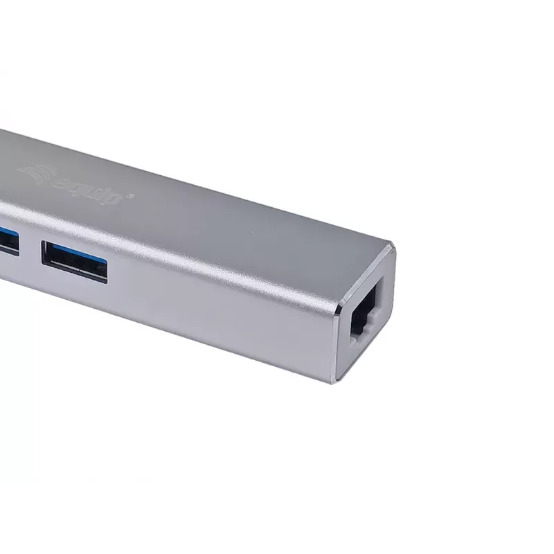 Equip USB-C į 3 prievadų USB 3.0 šakotuvas su Gigabit adapteriu, USB 3.2 Gen 1 Type-C, sidabrinis, aliuminis