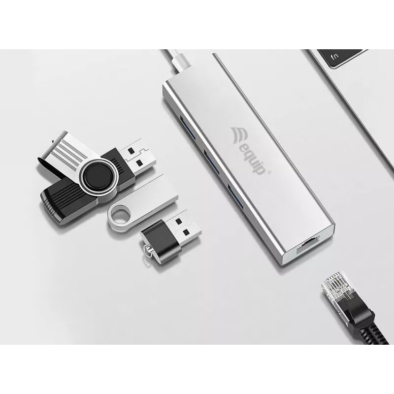 Equip USB-C į 3 prievadų USB 3.0 šakotuvas su Gigabit adapteriu, USB 3.2 Gen 1 Type-C, sidabrinis, aliuminis