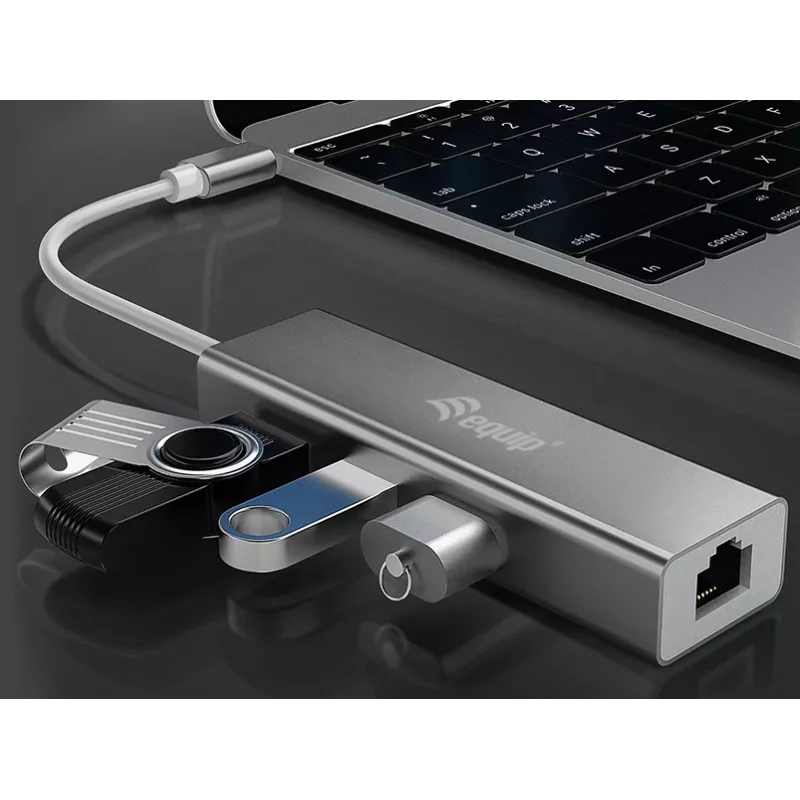 Equip USB-C į 3 prievadų USB 3.0 šakotuvas su Gigabit adapteriu, USB 3.2 Gen 1 Type-C, sidabrinis, aliuminis