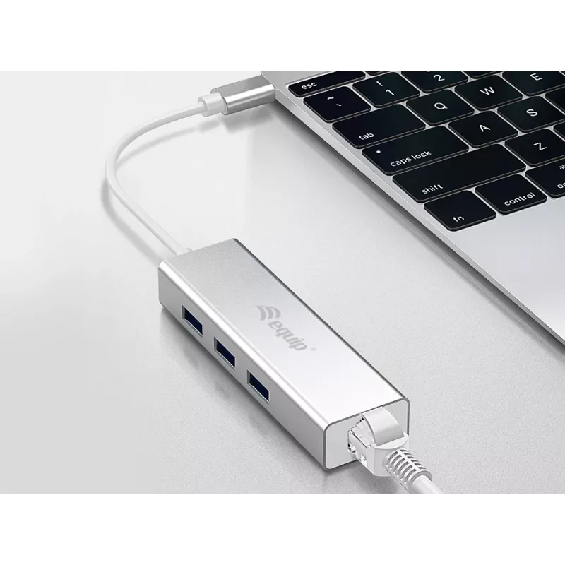 Equip USB-C į 3 prievadų USB 3.0 šakotuvas su Gigabit adapteriu, USB 3.2 Gen 1 Type-C, sidabrinis, aliuminis