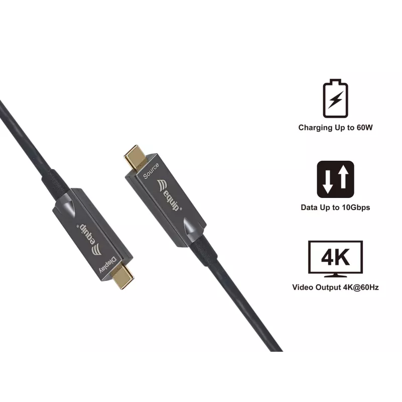 Equip USB-C į C aktyvus optinis kabelis, vyriškas/vyriškas, 5,0 m, PD 60W, 4K/60Hz, 10Gbps, vaizdas+duomenys+PD