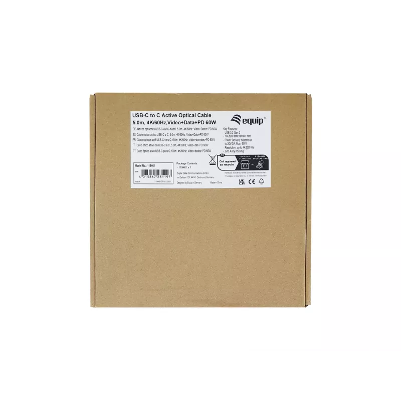 Equip USB-C į C aktyvus optinis kabelis, vyriškas/vyriškas, 5,0 m, PD 60W, 4K/60Hz, 10Gbps, vaizdas+duomenys+PD