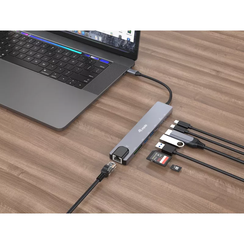 Equip USB-C 8 in 1 universalus adapteris, laidinis, USB Type-C, 100 W, 1000 Mbit/s, 1000BASE-T, IEEE 802.3ab