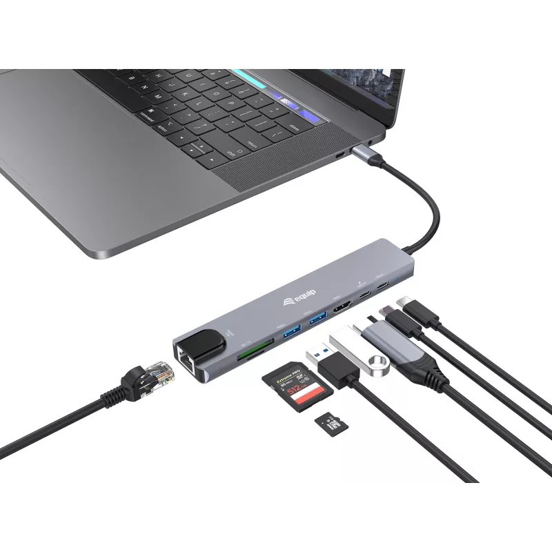 Equip USB-C 8 in 1 universalus adapteris, laidinis, USB Type-C, 100 W, 1000 Mbit/s, 1000BASE-T, IEEE 802.3ab