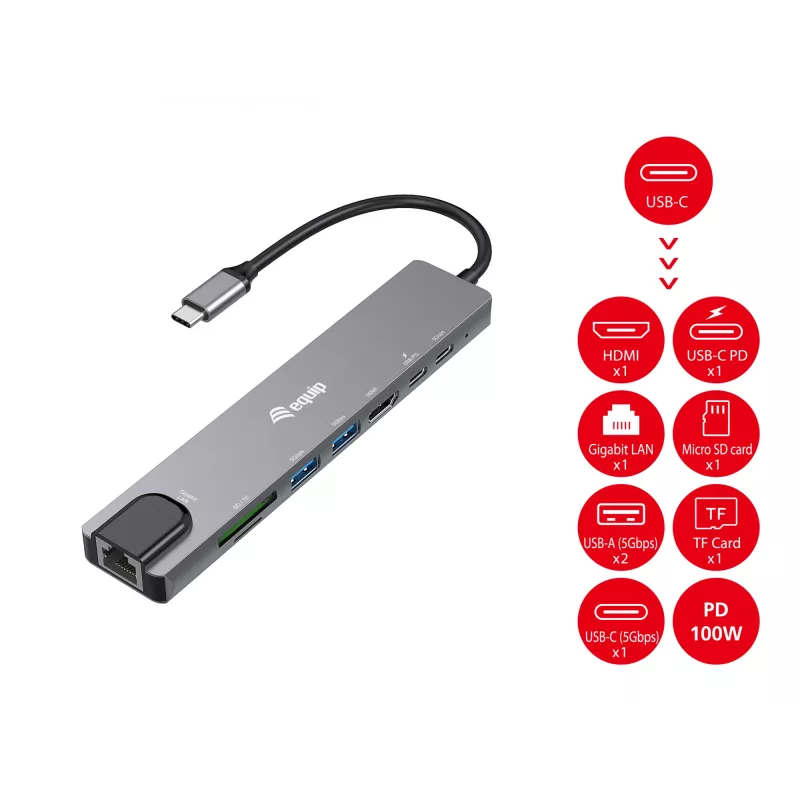 Equip USB-C 8 in 1 universalus adapteris, laidinis, USB Type-C, 100 W, 1000 Mbit/s, 1000BASE-T, IEEE 802.3ab