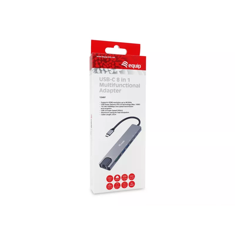 Equip USB-C 8 in 1 universalus adapteris, laidinis, USB Type-C, 100 W, 1000 Mbit/s, 1000BASE-T, IEEE 802.3ab