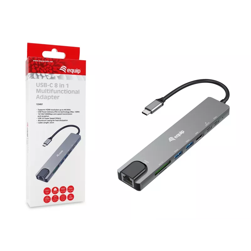 Equip USB-C 8 in 1 universalus adapteris, laidinis, USB Type-C, 100 W, 1000 Mbit/s, 1000BASE-T, IEEE 802.3ab
