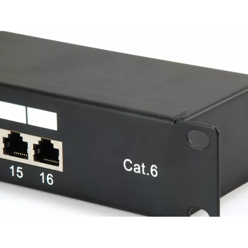 Equip 16 prievadų Cat.6 ekranuotas skirstomasis skydas, juodas, 10/100/1000Base-T(X), Gigabit Ethernet, 1000 Mbit/s, RJ-45, Cat6, montavimui į stelažą