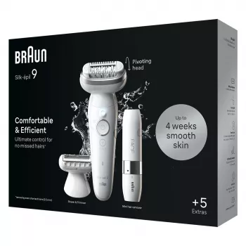 Epiliatorius BRAUN Silk-épil 9 SES9-341 — 40 pincetų, šlapias ir sausas, 50 min baterija, 2 greičiai, baltas